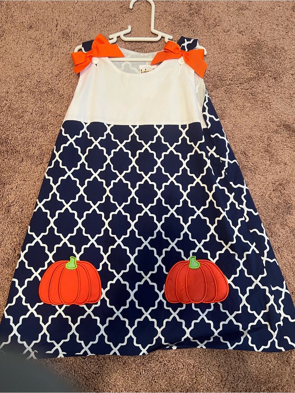 Girls Navy and White Pumpkin Appliqué Dress with Orange Bows